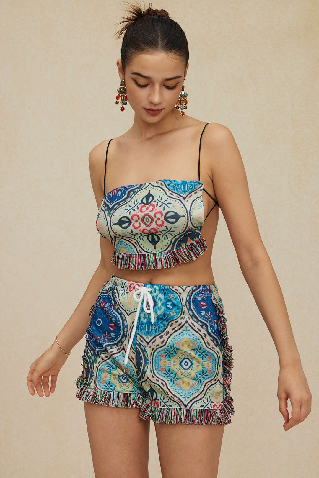 Damen Zweiteiler-Set Boho-Print Fransen