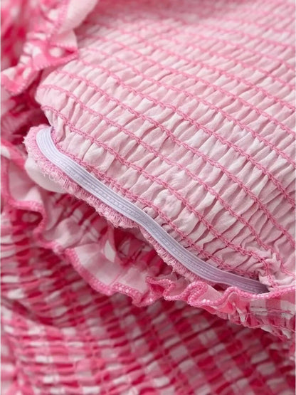 Rosa-Weiß Kariertes Damen-Sommerkleid