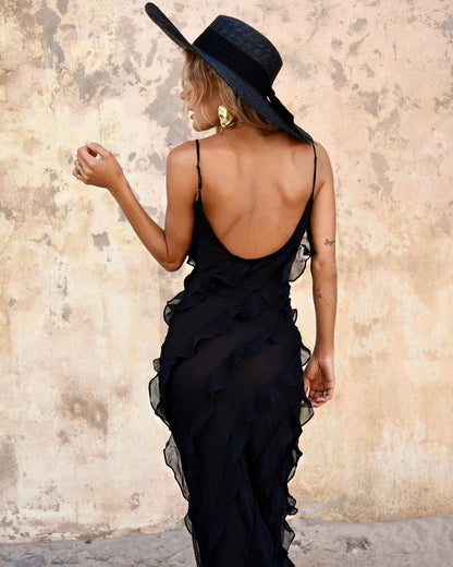 Damen Maxikleid Rüschen Abendkleid Spaghettiträger