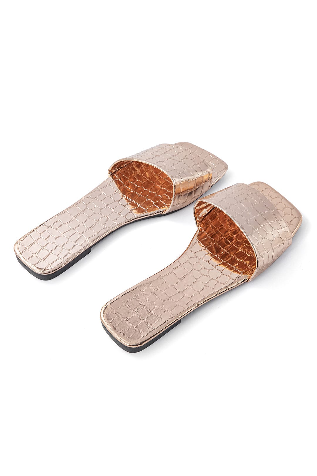 Damen Slides Metallic Krokodil Leder Optik