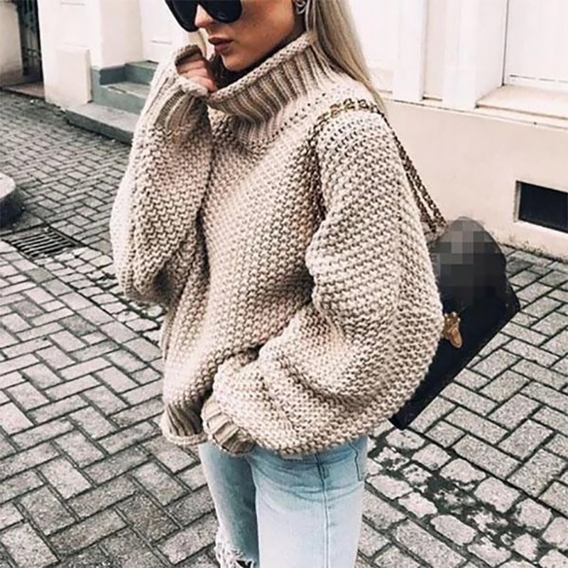Damen Rollkragenpullover Grobstrick Kuschelig Beige