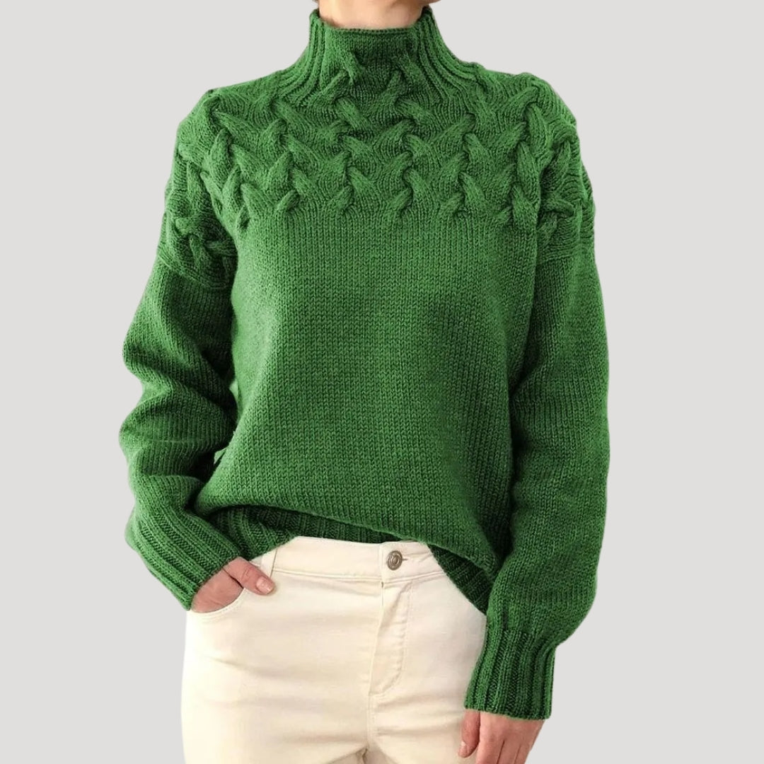 Damen Strickpullover Zopfmuster Hochkragen Beige - Norvielle