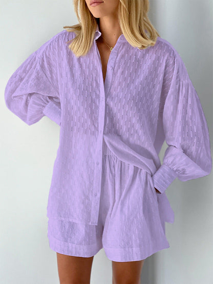 Damen Zweiteiler Oversize Baumwollmix Bluse und Shorts