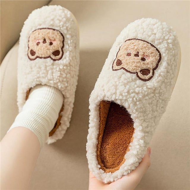 Flauschige Damen Tierpantoffeln Weich Beige