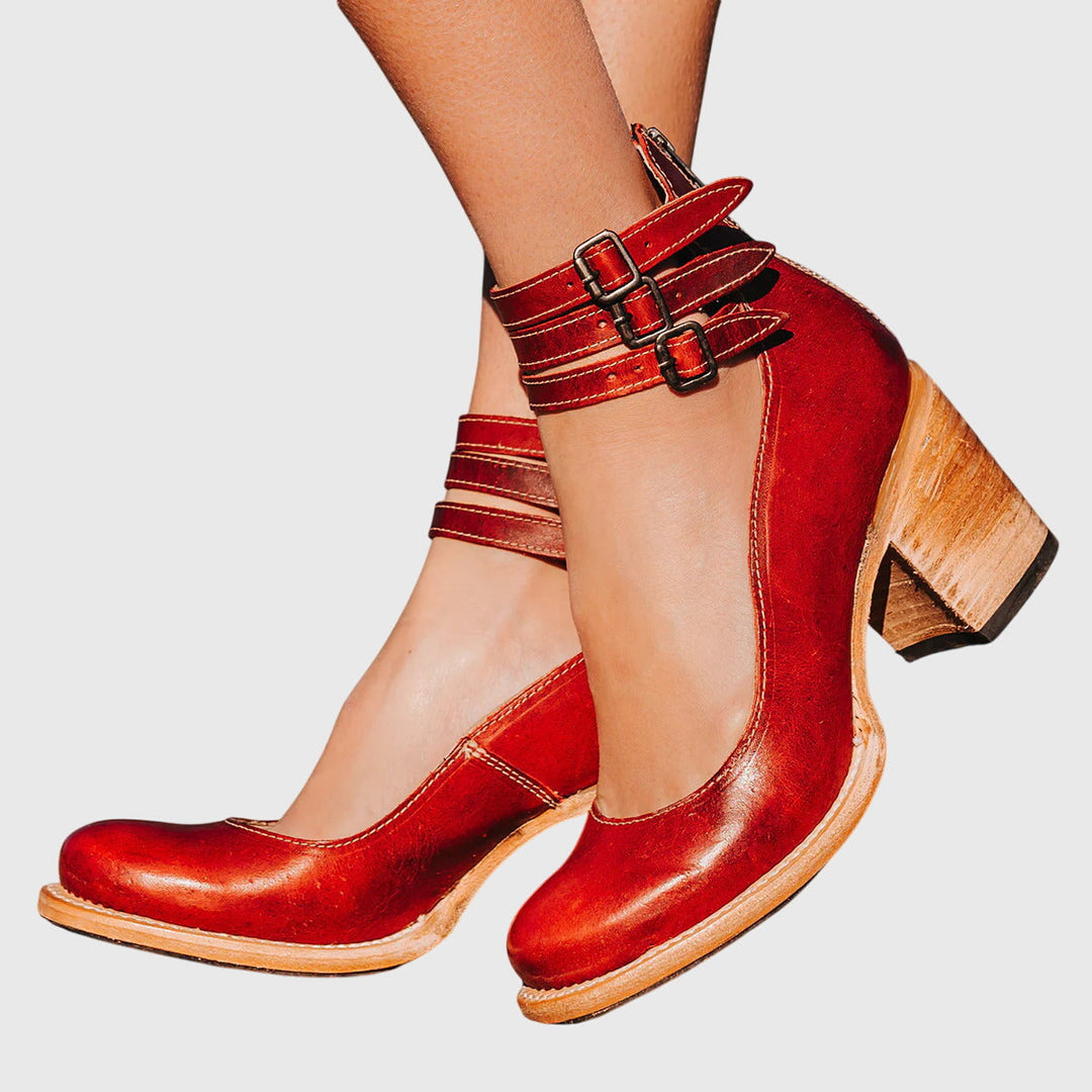 Damen Schnallenriemen Stiefel Blockabsatz