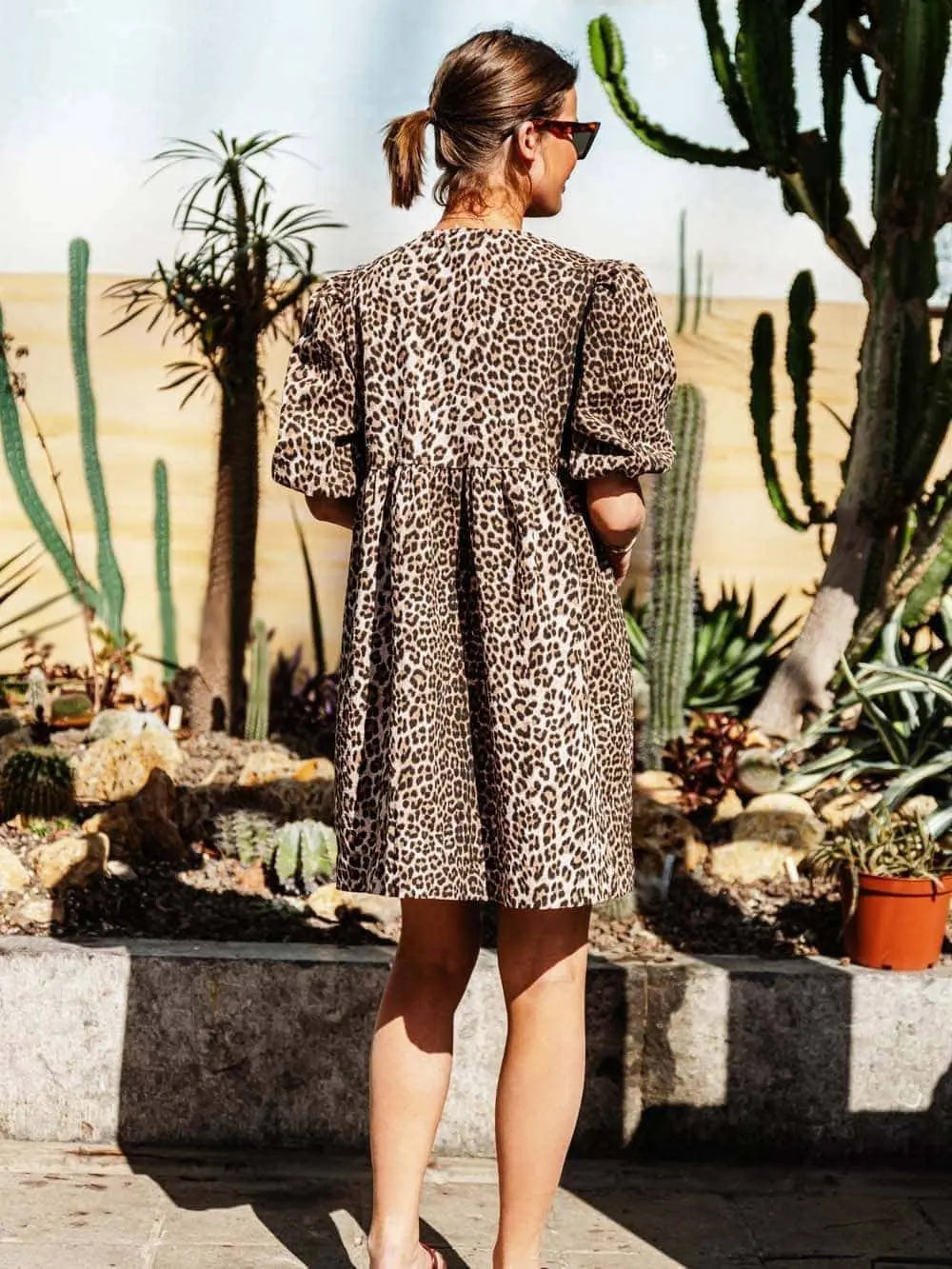 Damen Leopardenkleid Kurze Puffärmel