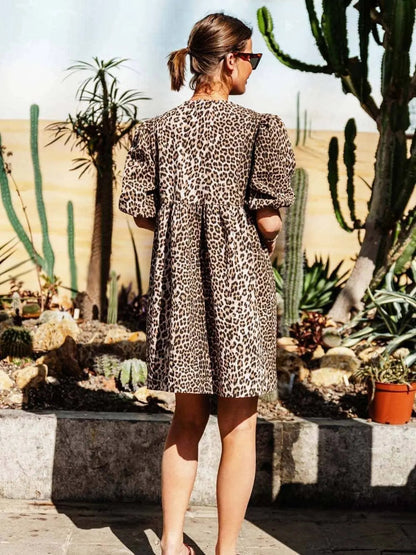 Damen Leopardenkleid Kurze Puffärmel