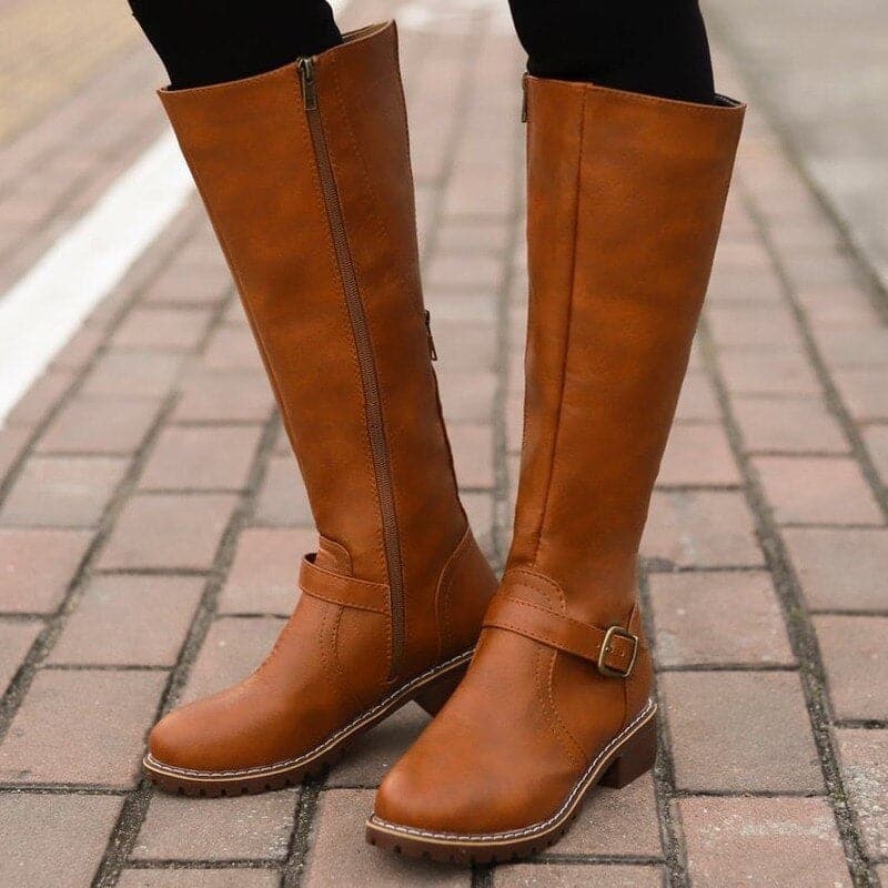 Damen Stiefel Kniehoch Blockabsatz Rundzehen Leder