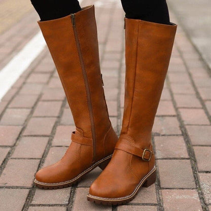 Damen Stiefel Kniehoch Blockabsatz Rundzehen Leder