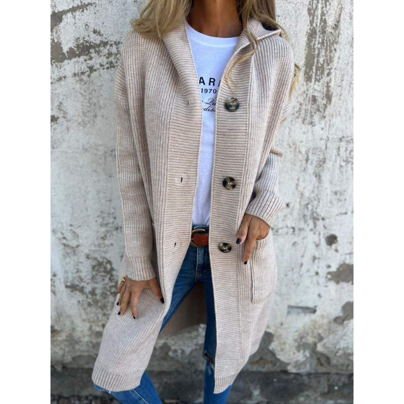 Norvielle Damen Cardigan Lang Mit Kapuze Große Knöpfe - Norvielle