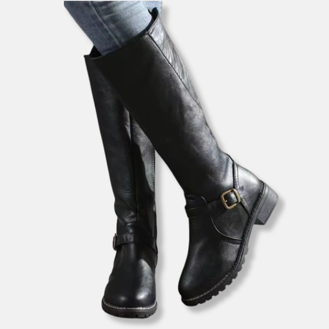 Damen Stiefel Kunstleder Kniefester Schaft Niedriger Blockabsatz - Norvielle