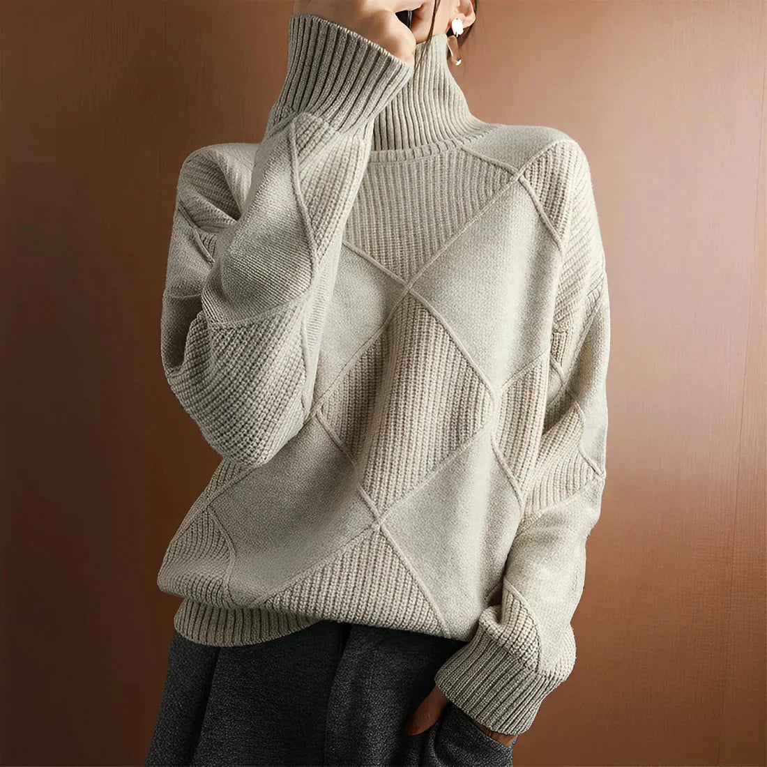 Damen Pullover Wollmischung Oversized Rippstrick Grau