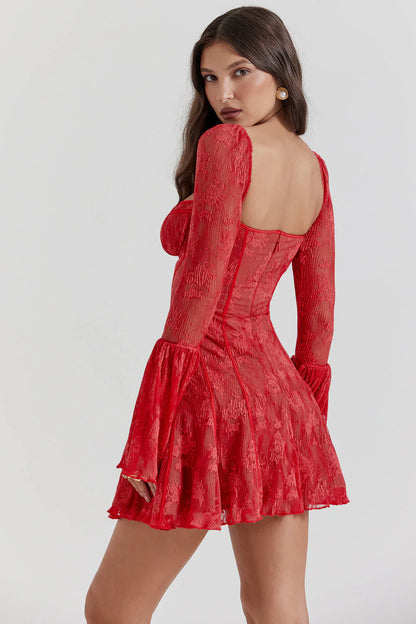Spitzen-Mini-Kleid Damen A-Linie Trompetenärmel