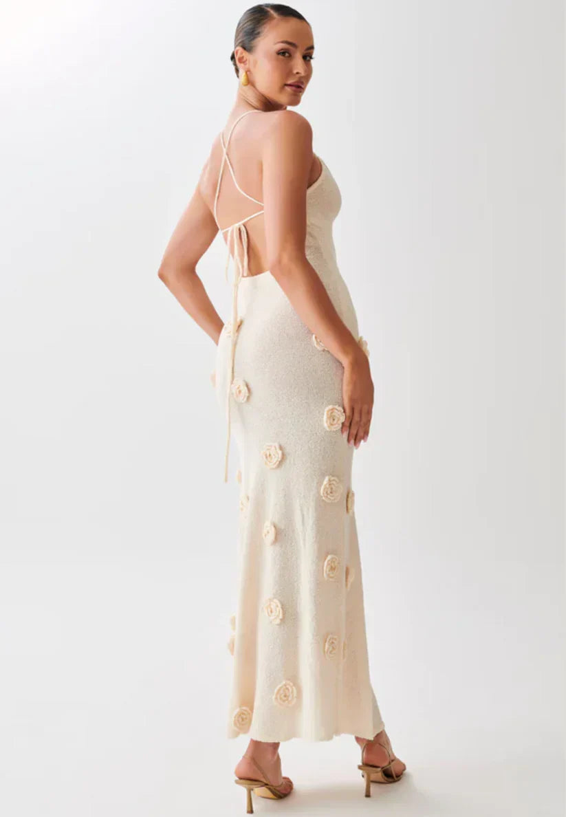 Damen Maxikleid Spaghettiträger 3D Blumenapplikation
