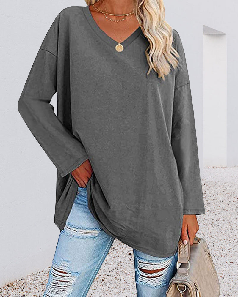 Norvielle Damen Langarm T-Shirt V-Ausschnitt Einfarbig