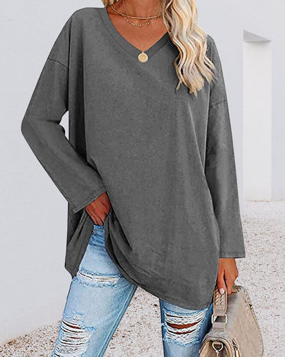 Norvielle Damen Langarm T-Shirt V-Ausschnitt Einfarbig