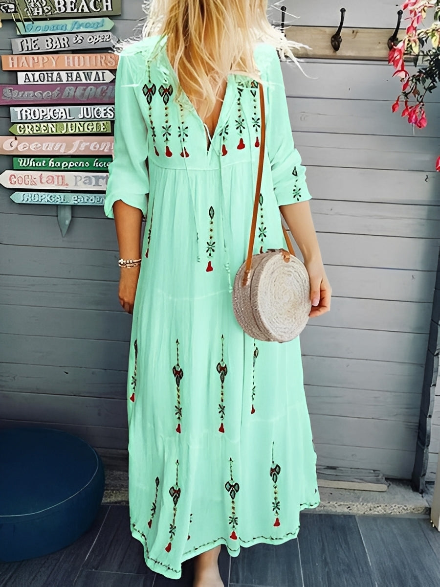 Damen Boho-Kleid V-Ausschnitt Blumenmuster Jeans