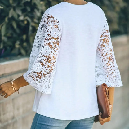 Damen Oversize-Shirt Weiß Spitzen-Ärmel Rundhals