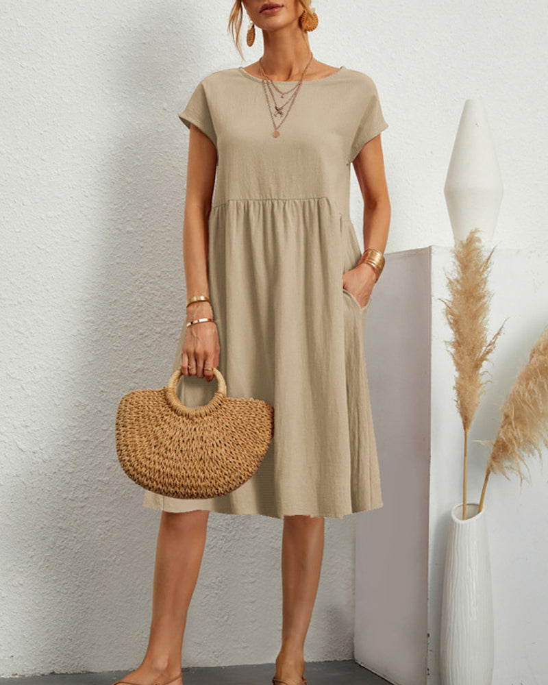 Damen Sommerkleid Uni-Farben Rundhalsausschnitt Kurzarm Midi-Länge