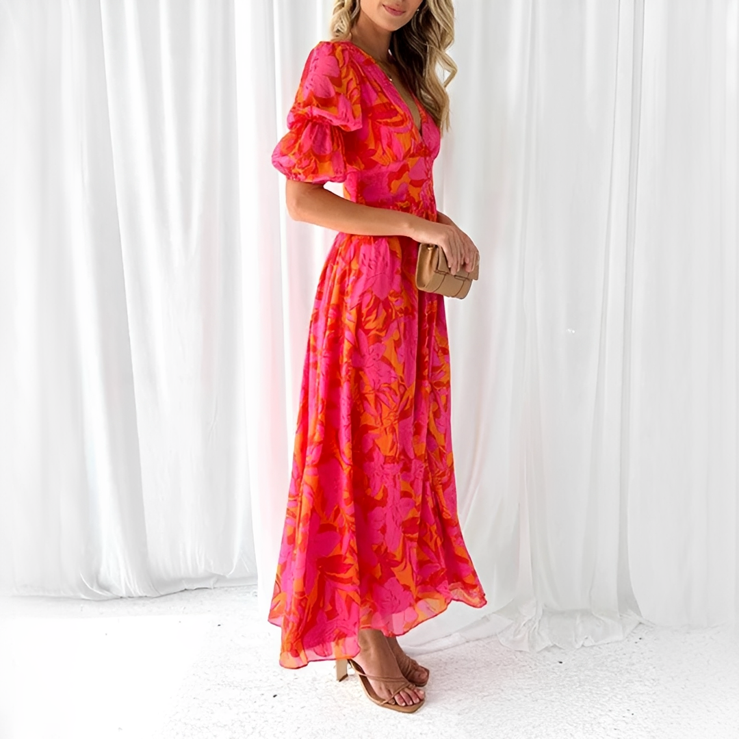 Damen Maxikleid V-Ausschnitt Puffärmel Elegantes Langkleid
