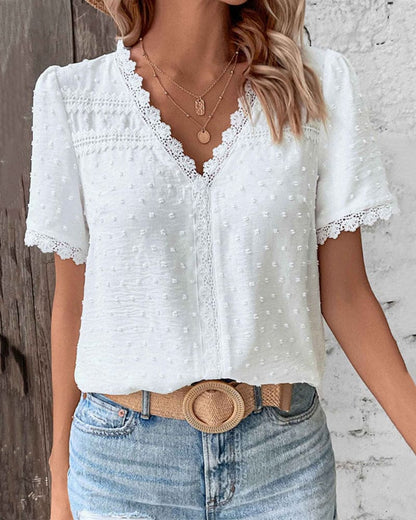 Damen V-Ausschnitt Spitzen-Shirt Weiß Kurzarm Sommerlich