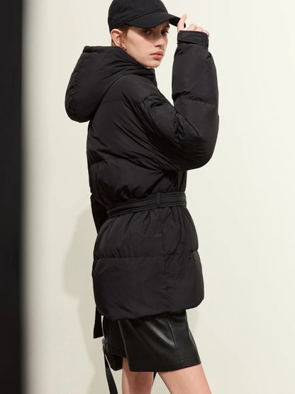 Daunenjacke Damen Warm Kapuze Gürtel Schwarz - Norvielle