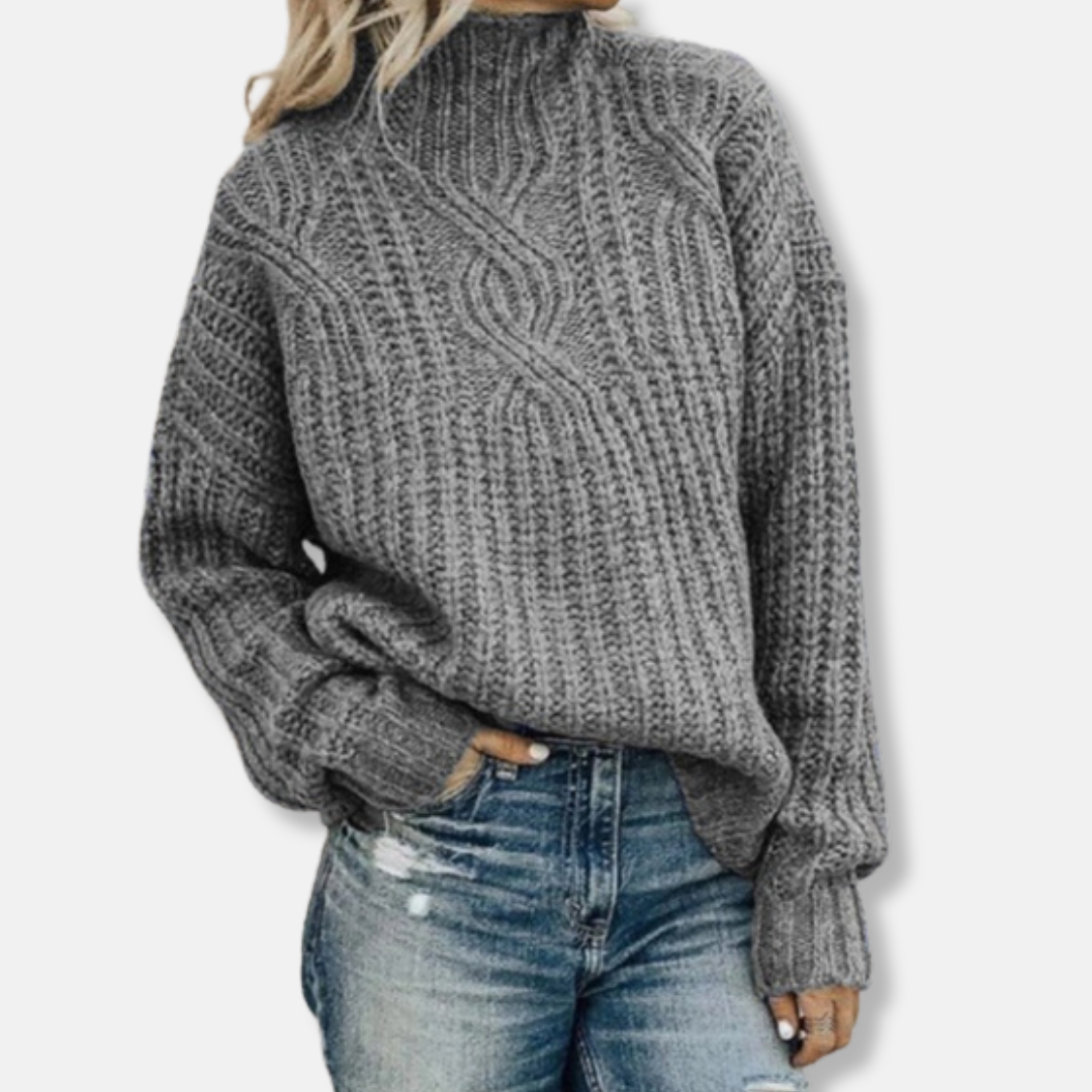 Wollpullover Damen Kabelstrick Sweatshirt Hoher Kragen Lässig