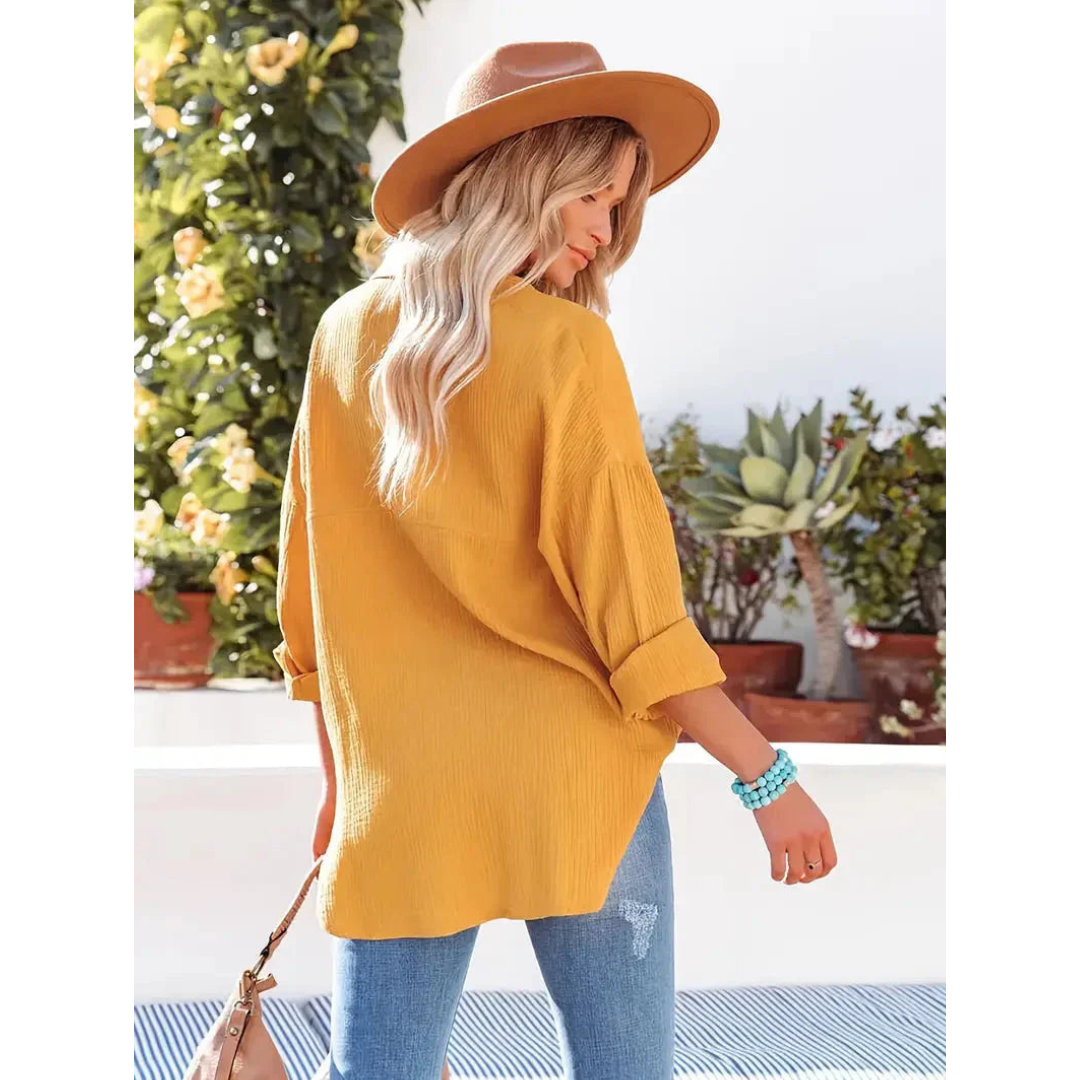 Damen Unifarben Bluse Knopfleiste Hemdkragen Langarm Elegante Bluse