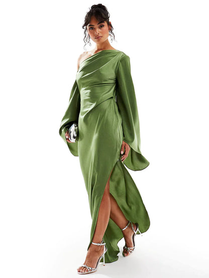 Satin Abendkleid Damen One-Shoulder-Design Schlitz Grün - Norvielle