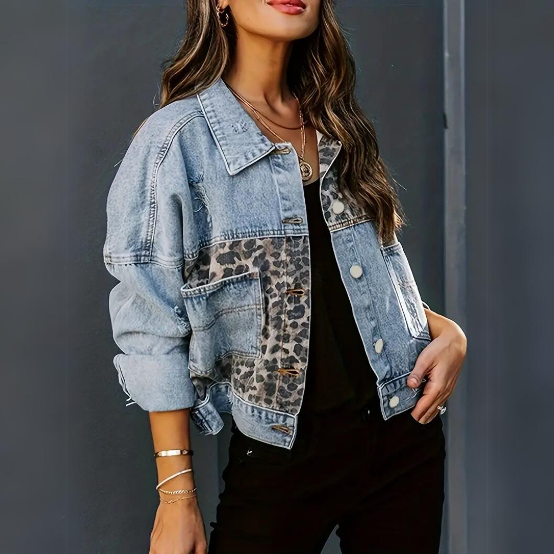 Trendige Damen Jeansjacke Leoprint - Norvielle