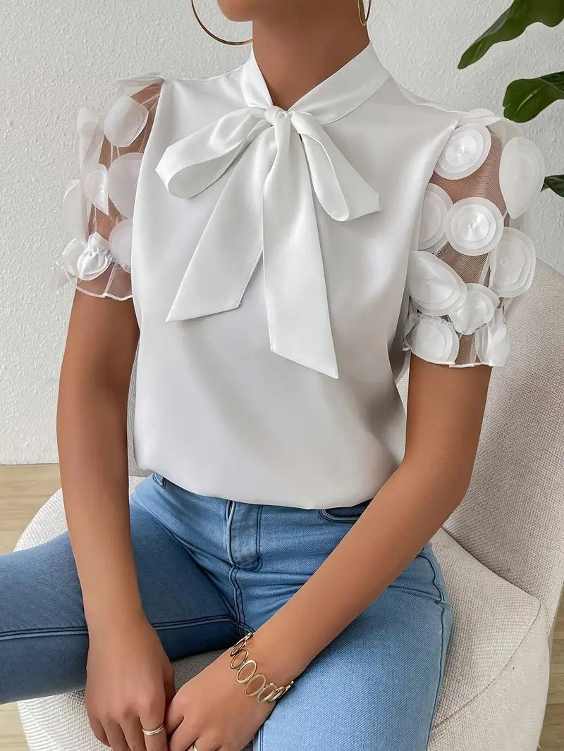 Damen Elegante Bluse Schleifendetail Durchsichtige Ärmel