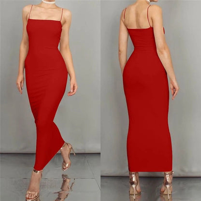 Damen Bodycon Kleid Midi Länge Spaghettiträger Elegant