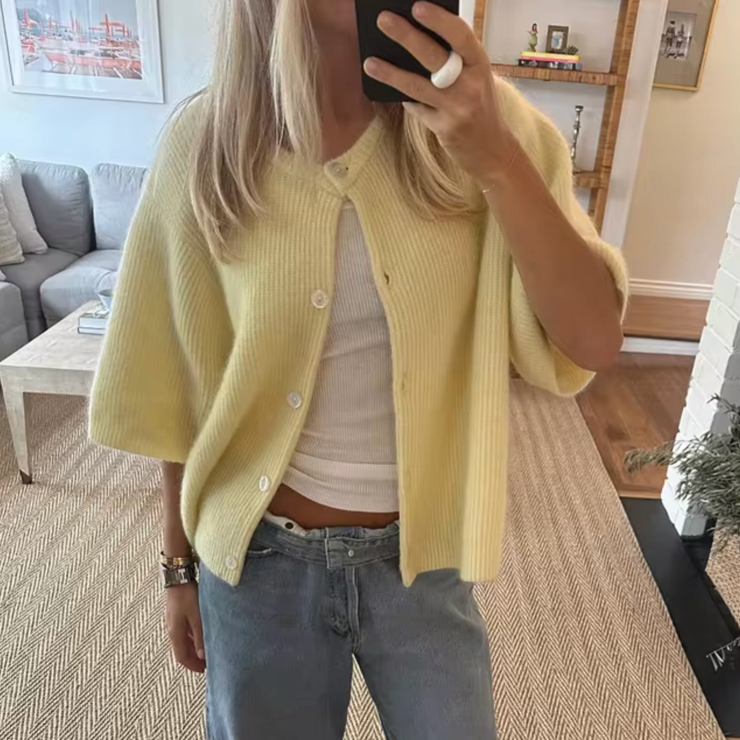 Damen Kurzcardigan Strick Knöpfe Beige