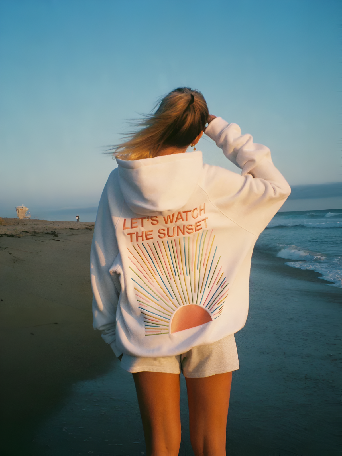 Damen Hoodie Oversize Sunset-Print Dunkelblau