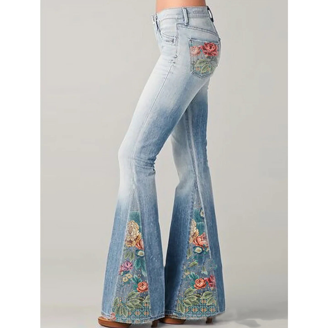 Damen Jeans Blumenstickerei Ausgestellte Bein Schwarz - Norvielle