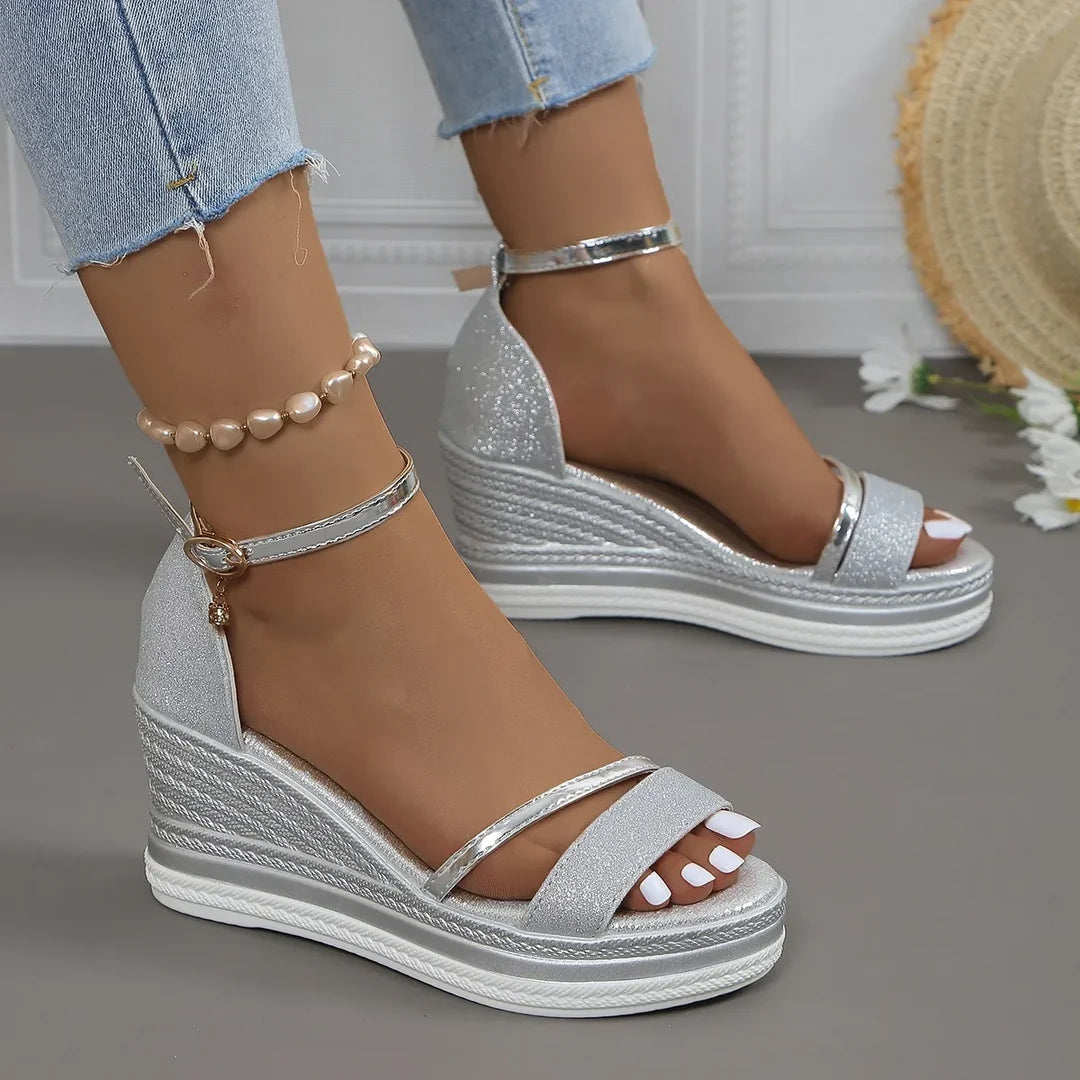 Damen Plattform Keilabsatz Riemen Sandalen