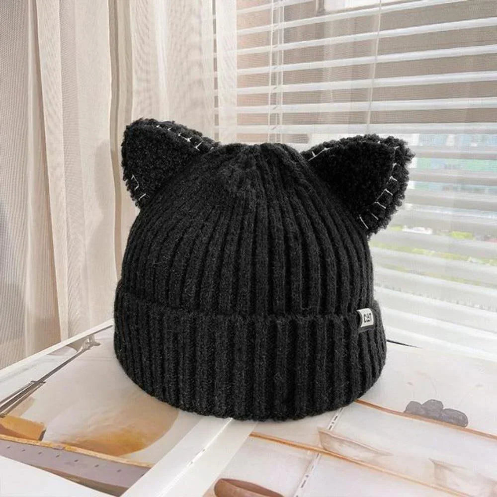 Damen Wintermütze Weich Strickmütze Katzenohr