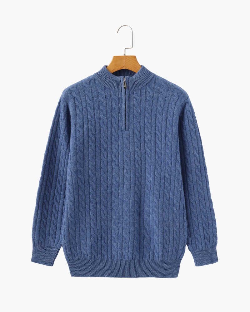 Herren Chasmere Pullover Kabelstrickmuster Halb Reißverschluss Beige