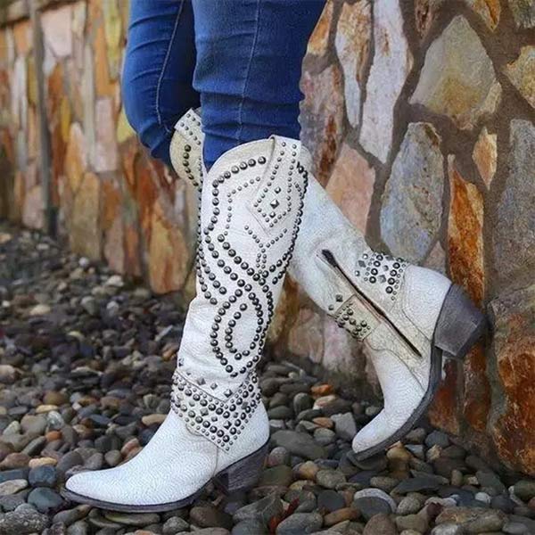 Knöchelhohe Lederstiefel Damen Dicke Ferse Nieten Reißverschluss