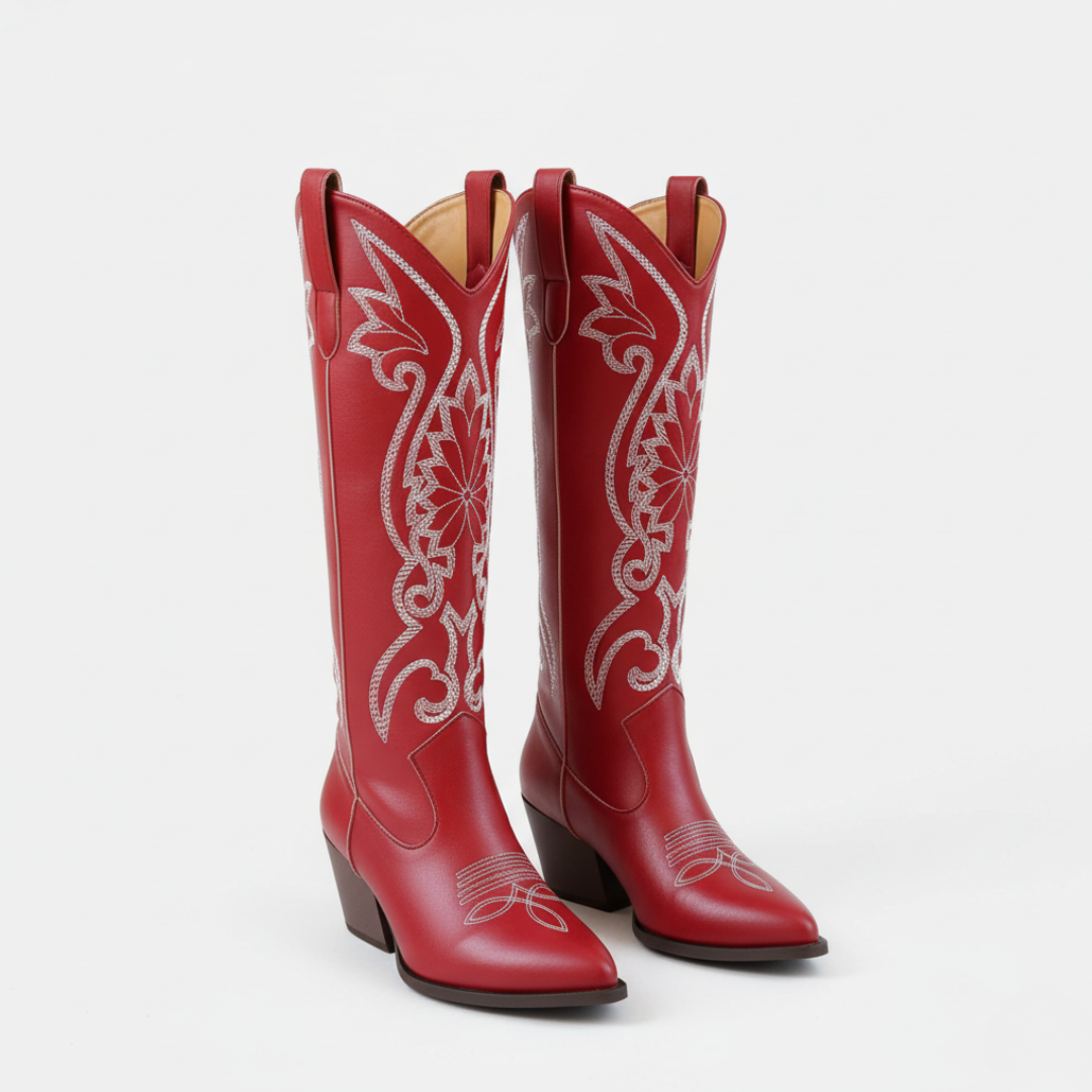Damen Westernstiefel Kunstleder Knielang Bestickt Blockabsatz