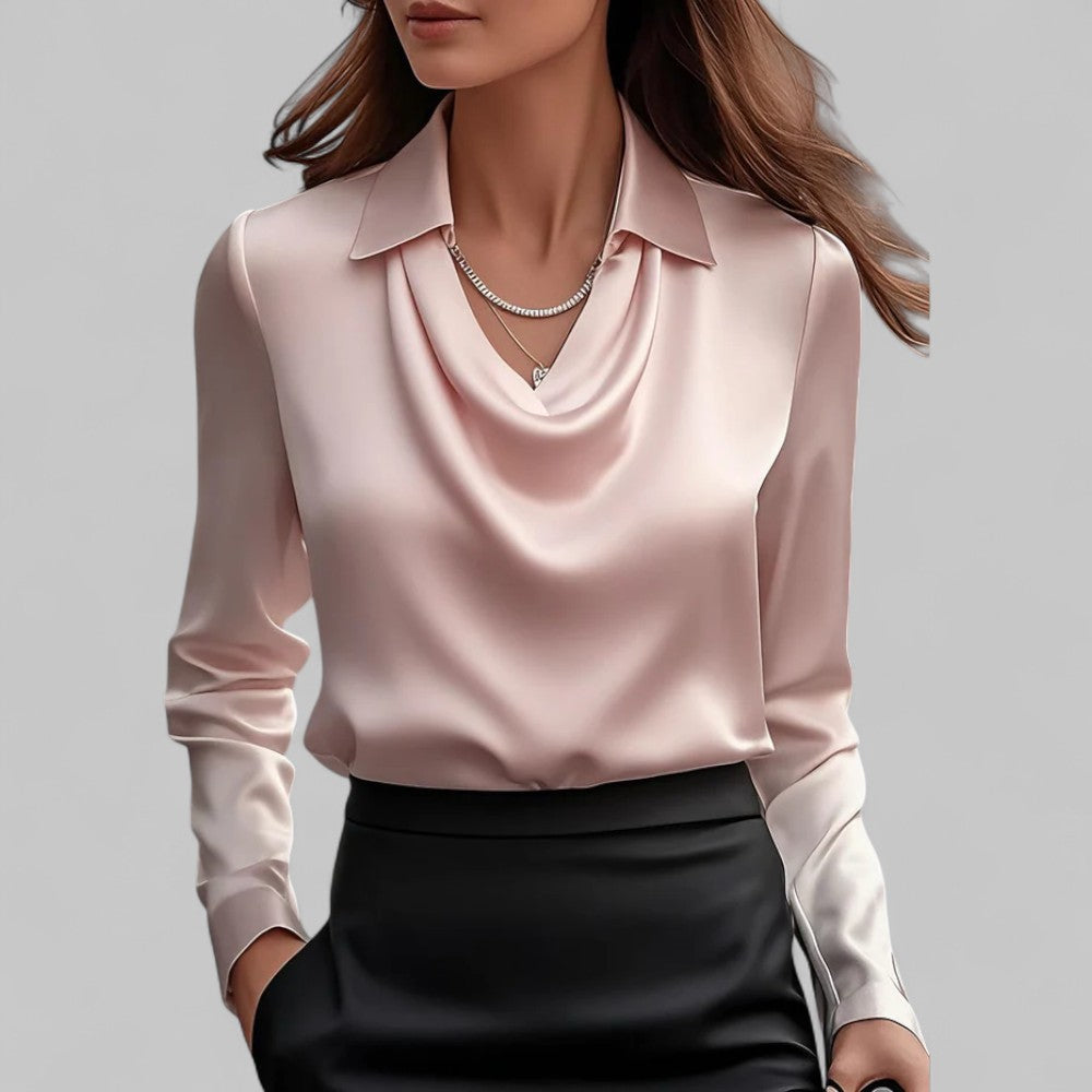 Damen Satinbluse Wasserfallausschnitt Elegant Beige