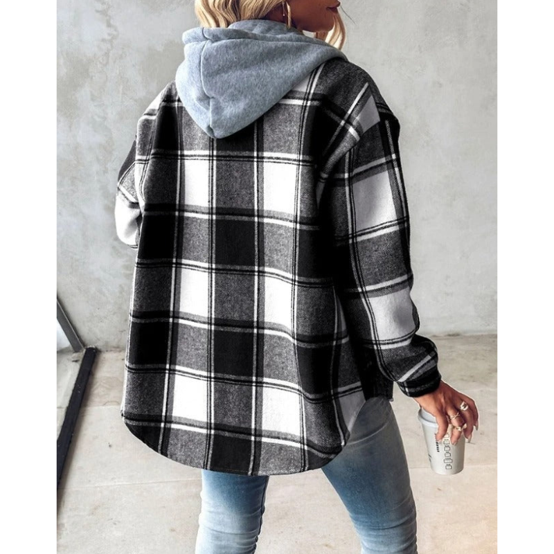 Norvielle Damen Winterhoodie Kariert Mit Knöpfen - Norvielle