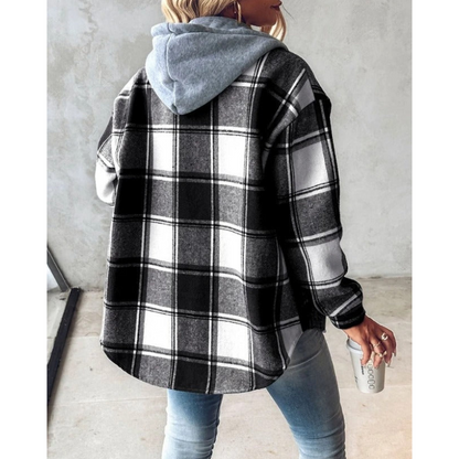 Norvielle Damen Winterhoodie Kariert Mit Knöpfen - Norvielle