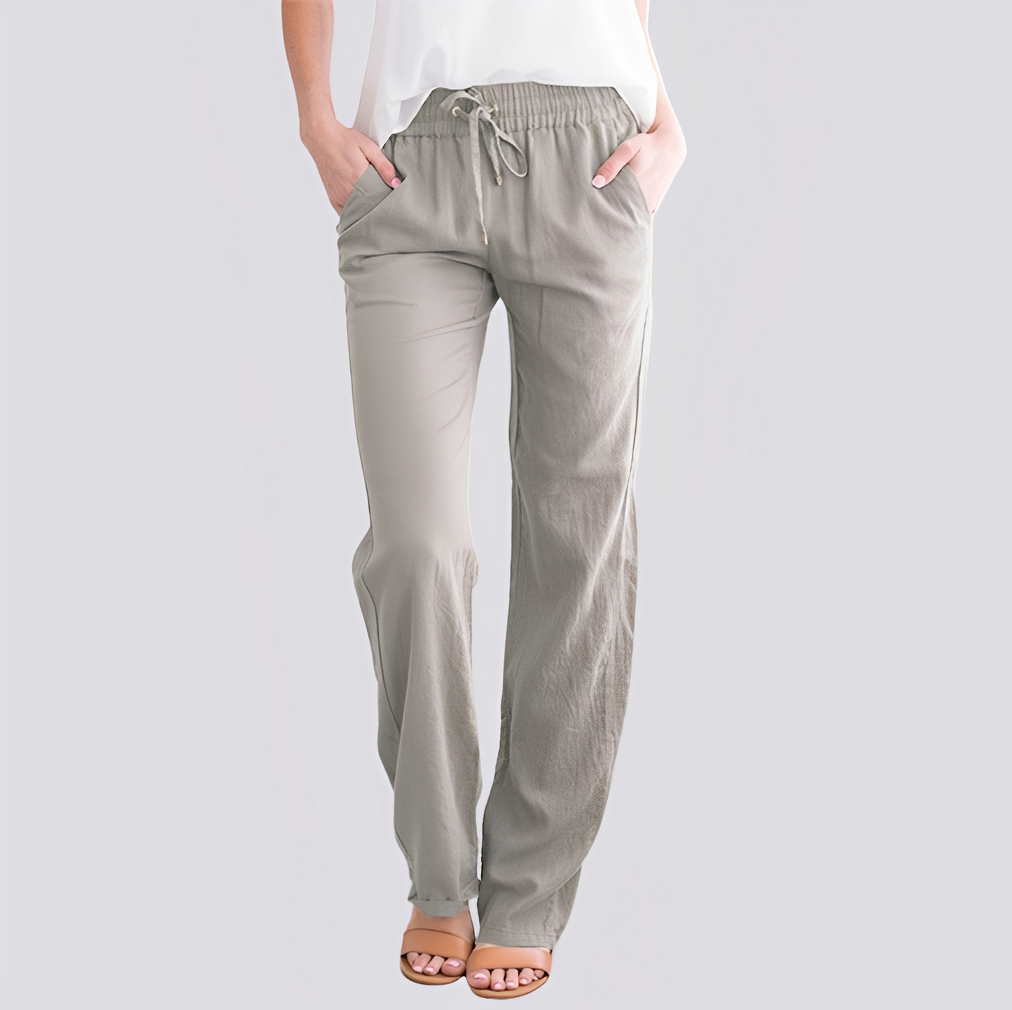Damen Hose Elastischer Bund Leicht Beige