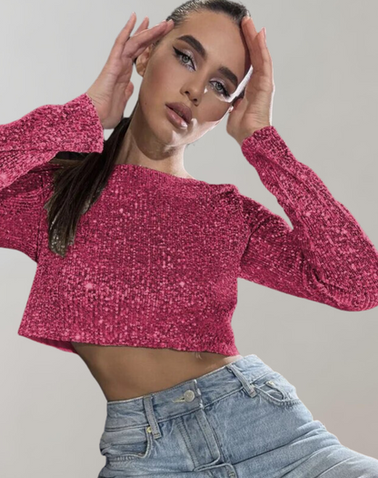 Damen Pailletten Crop Kurz Ärmel Glitzer