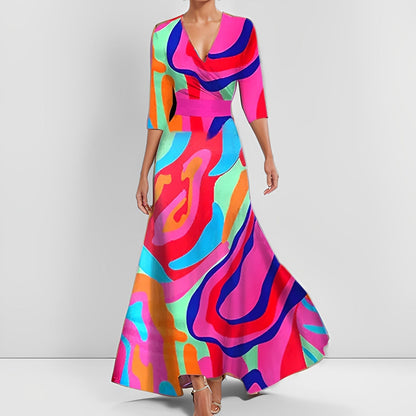 Damen Maxikleid Blumenmuster Langes Ärmel Kleid