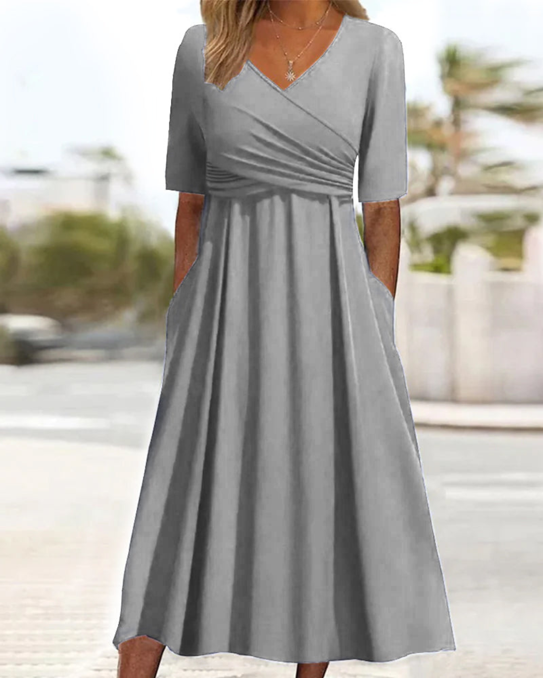 Damen Maxi Kleid V-Ausschnitt Wickel