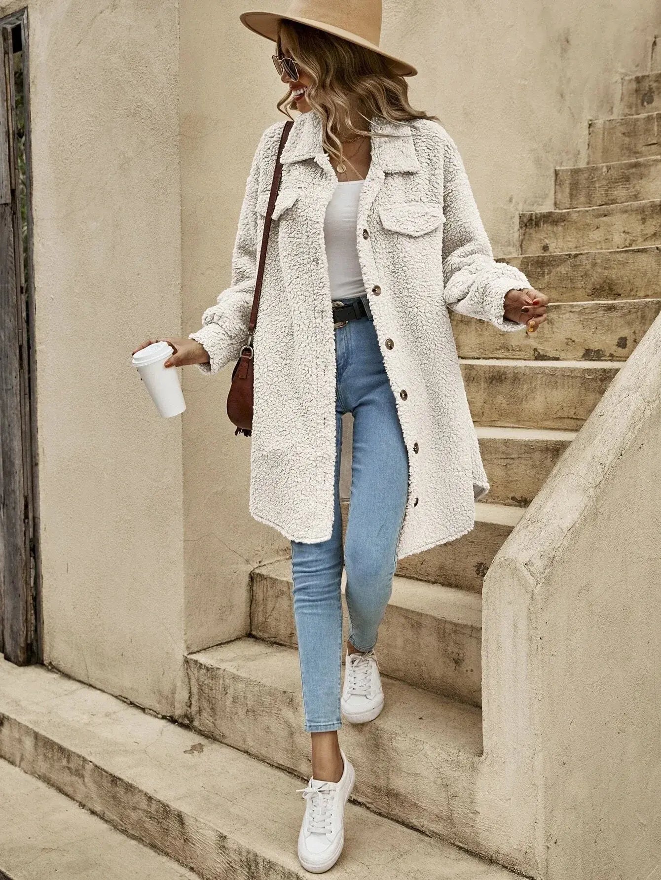 Damen Teddyjacke Bequem Knöpfe Brusttaschen - Norvielle