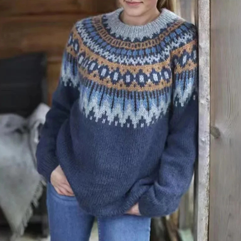 Damen Grobstrickpullover Norwegermuster Tribal-Muster