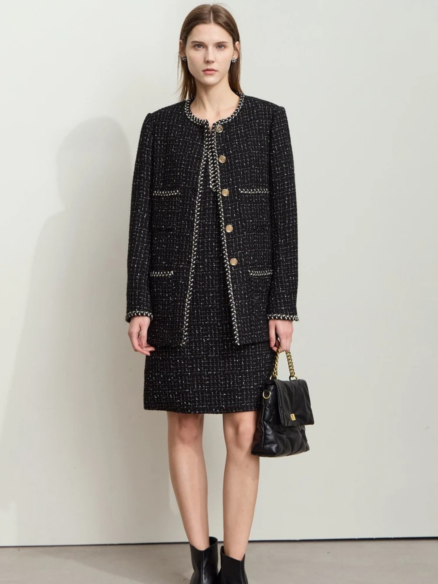 Damen Tweedjacke Rundhalsausschnitt Zierborte - Norvielle